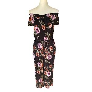 Altar'd State Black Floral Tie Waist Off-Shoulder Jumpsuit, Large, Cottagecore